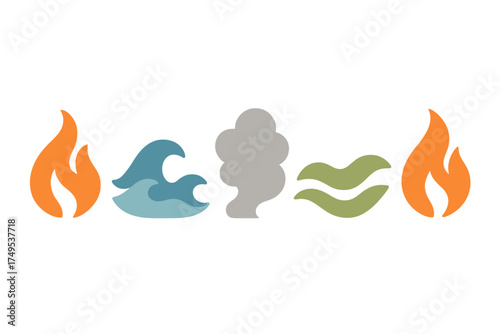 Set of stylized icons representing fundamental natural elements: fire, water, smoke, and earth