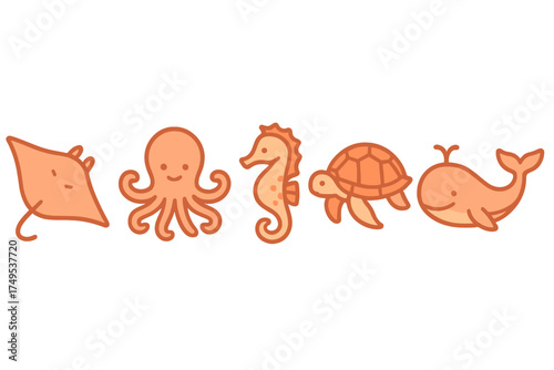 Cute ocean creatures collection featuring stingray, seahorse, octopus, and whale