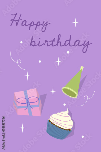 Birthday card with cupcake, party hat, and gift box, featuring “Happy Birthday” text. Bright festive vector illustration for greeting cards or celebration design.