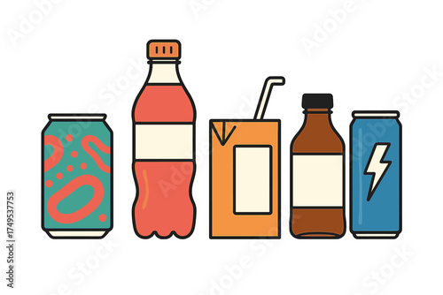 Assortment of packaged beverages including soda, juice, and energy drinks
