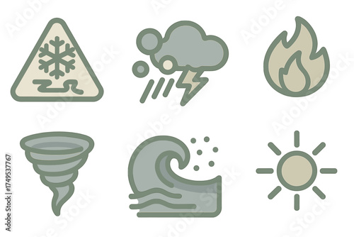 Collection of symbols depicting natural hazards, extreme weather, fire, tornado, and tsunami