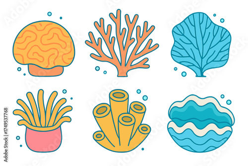 Colorful tropical coral, sea anemone, and clam shell marine life icons set