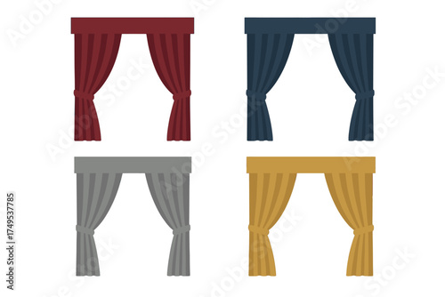 Four sets of elegant tied-back curtains in various colors including red blue gray and gold