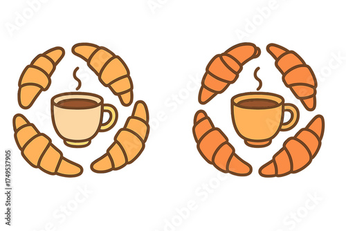 Two stylized arrangements of coffee cups and fresh baked croissants forming a circular pattern for breakfast