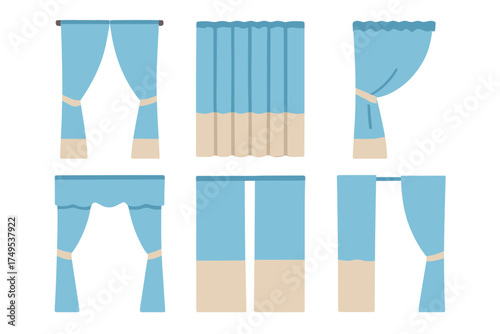 Six different styles of blue and beige window curtains and drapes for home interior design