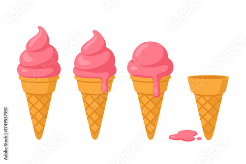 Stages of melting pink soft serve ice cream in waffle cones showing the process of heat damage