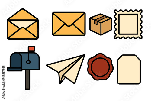 Essential postal service and communication icons featuring envelopes, package, stamp, and mailbox