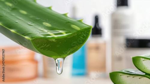 Closeup of aloe vera leaf with dripping juice, showcasing natural skincare and medicinal properties