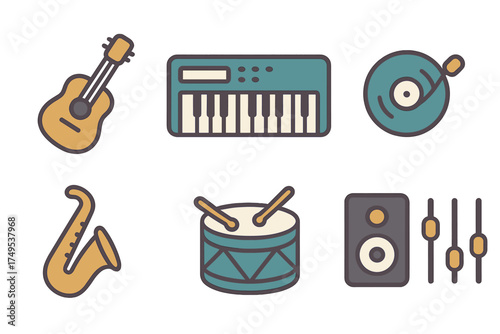 Colorful music and sound instruments including guitar, keyboard, saxophone, drum, turntable, and speaker