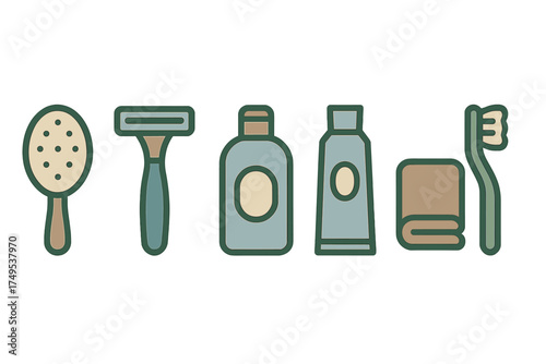 Essential personal care items set including hairbrush razor toothpaste and towel