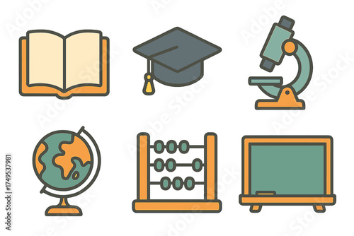 Essential school and education icons set: book, graduation cap, microscope, globe, abacus, and chalkboard symbols