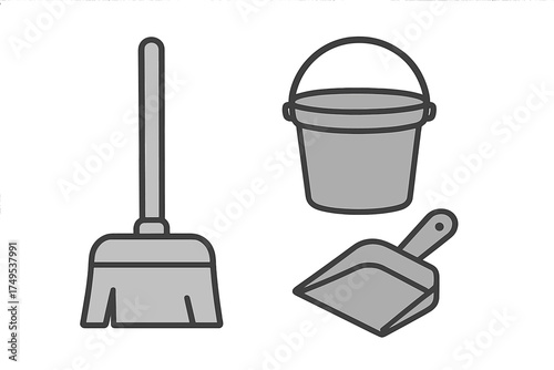 Household cleaning tools set with broom, bucket, and dustpan symbols for domestic hygiene