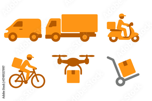 Modern logistics and delivery methods featuring truck, van, scooter, bicycle, drone, and hand cart