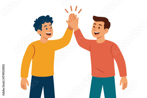 Cheerful young men giving a high five gesture celebrating teamwork and successful partnership