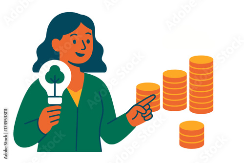 Businesswoman presenting sustainable investment idea with lightbulb tree symbol and financial growth stacks