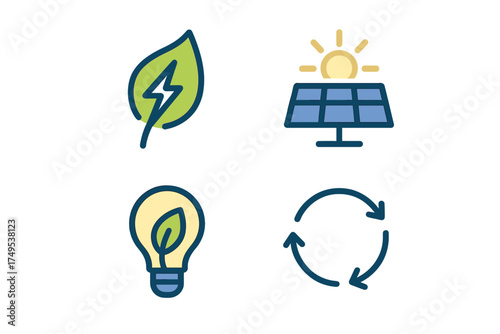 Colorful symbols for ecology, renewable energy, sustainability, and recycling