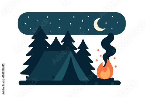 Nighttime campsite with tent, dark pine trees, and warm crackling bonfire under starry sky