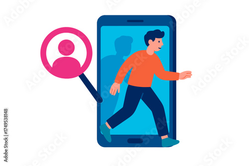 Man stepping out of a mobile phone screen symbolizing digital identity and online presence