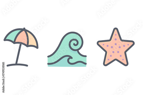 Colorful sun umbrella, rolling sea wave, and marine starfish icons for summer vacation