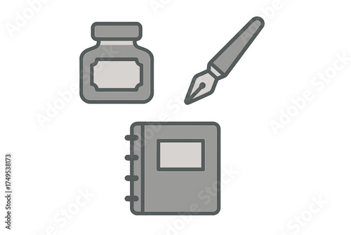 Classic writing tools set with ink bottle, fountain pen, and spiral notebook icon