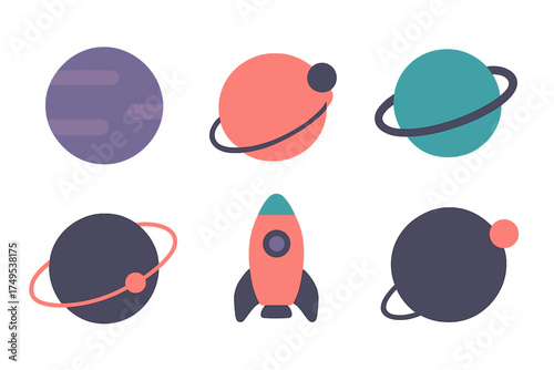 Set of stylized celestial bodies and a spaceship icon in a modern flat design style