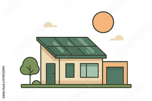 Modern sustainable residential house featuring solar panels on the roof and an attached garage