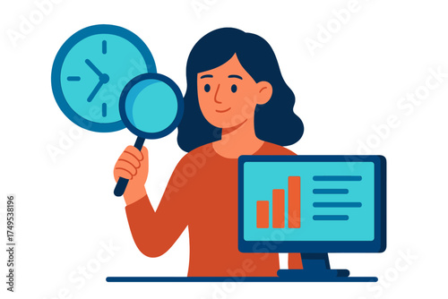 Woman analyzing business data and time management metrics using a magnifying glass