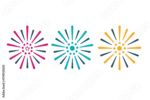 Colorful abstract firework bursts or starburst icons set in pink, blue, and yellow colors