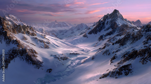 Majestic Snow Covered Mountain Range Under A Pastel Sunset Sky With Dramatic Lighting