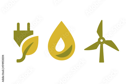 Set of essential symbols for renewable energy, ecological sustainability, and natural resource conservation