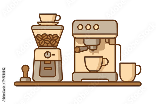 Professional espresso coffee preparation setup with grinder and machine