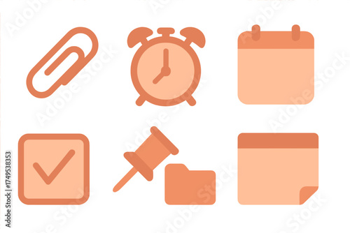 Collection of six essential productivity symbols: calendar, alarm clock, paperclip, and checklist