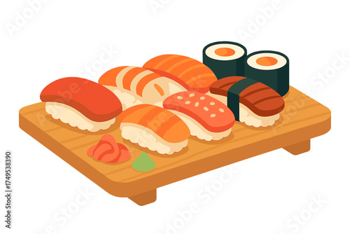 Traditional Japanese sushi set with nigiri and maki rolls served on a wooden board alongside ginger and wasabi