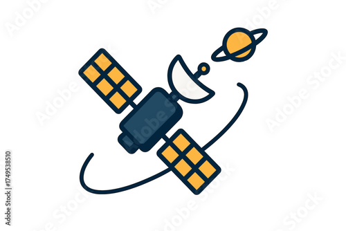 Modern icon of a communication satellite orbiting a distant ringed planet in outer space