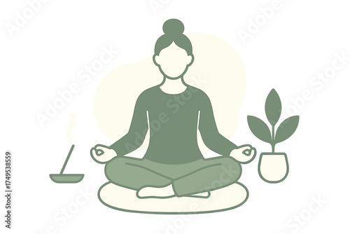 Person practicing mindfulness meditation in lotus position with incense and houseplant