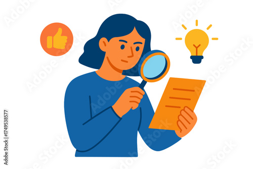 Woman analyzing document with magnifying glass, idea lightbulb, and thumbs up symbol