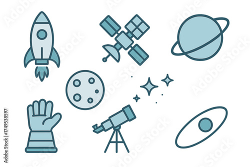 Space exploration and astronomy symbols featuring rocket, satellite, planet, moon, and telescope