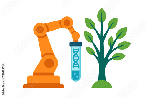 Automated robotic arm performing genetic research on a growing plant seedling