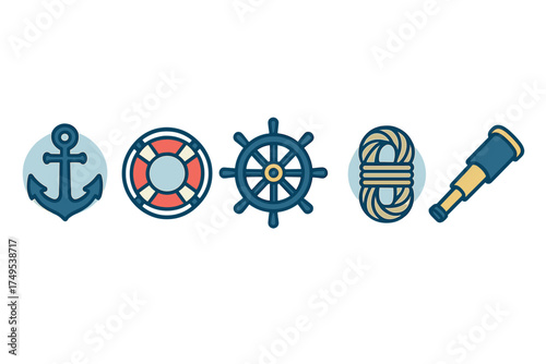 Nautical marine symbols including anchor, lifebuoy, ship wheel, coiled rope, and telescope