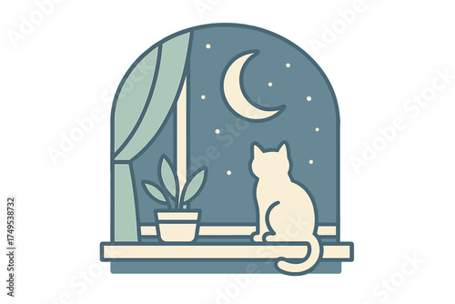 White cat sitting on a windowsill gazing at the starry night sky and crescent moon