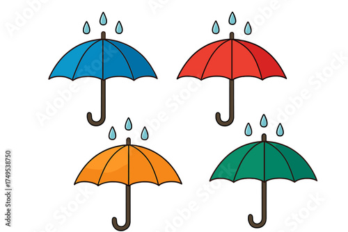 Four colorful umbrellas protecting from falling raindrops