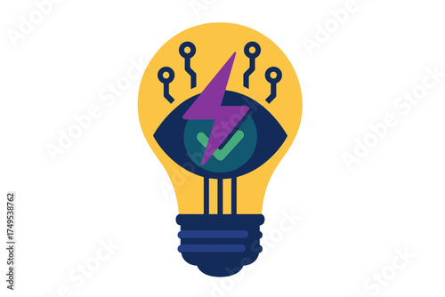 Conceptual light bulb design with an eye, lightning bolt, and checkmark symbolizing smart energy and security