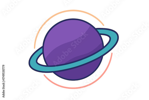 Colorful cartoon planet with prominent turquoise rings orbiting in outer space