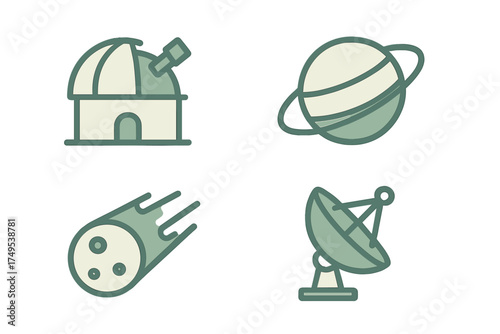 Simple line icons representing key elements of space science, planetary bodies, and astronomical research