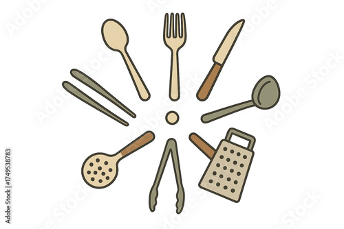 Radial arrangement of essential kitchen cutlery and cooking tools set including spoon fork knife ladle and grater