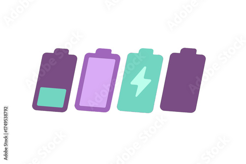 Set of four battery status indicators showing various energy levels and charging status