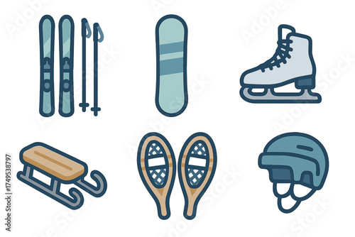 Set of winter sports equipment including skis, snowboard, ice skates, sled, and snowshoes