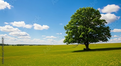 Fototapeta Naklejka Na Ścianę i Meble -  Lone Tree Standing Tall in a Lush Green Field.