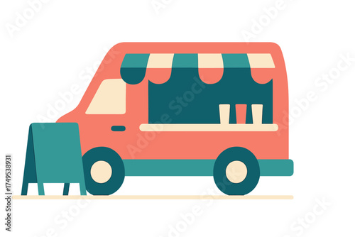 Colorful mobile food truck with striped awning and sidewalk A-frame sign