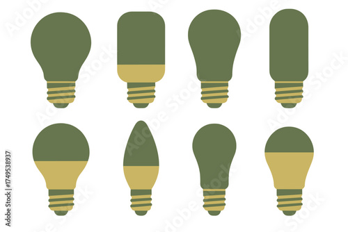 Set of modern and traditional light bulb shapes in green and yellow colors